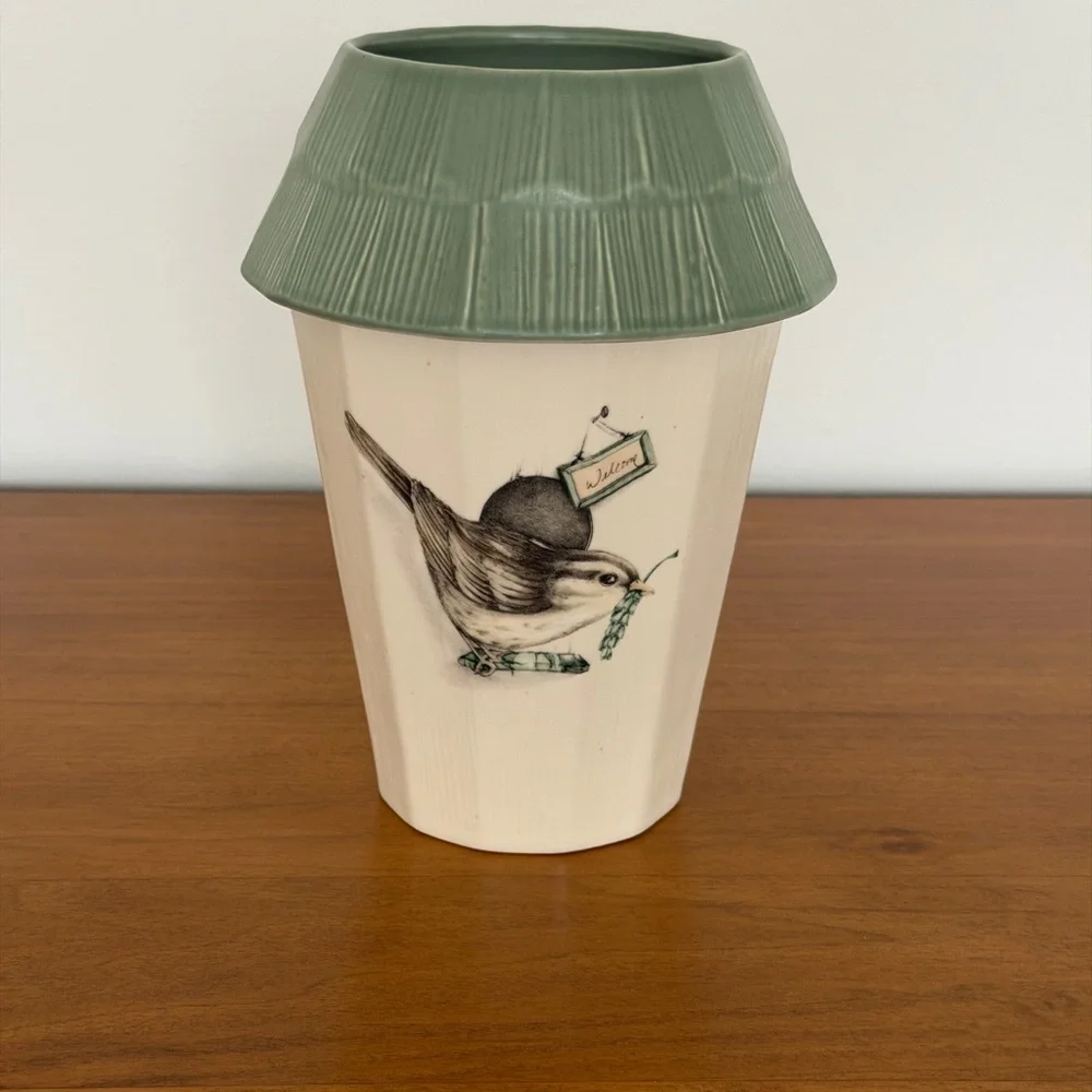 Pfaltzgraff Naturewood Earthy Green and Cream Bird Utensil Holder